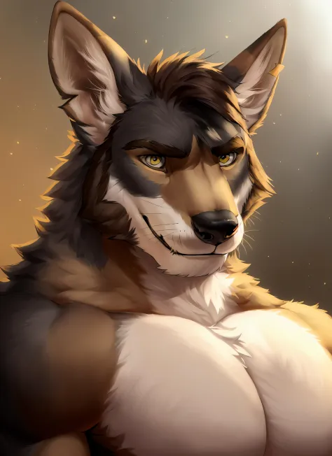 william adler, solo, mature male, bara, muscular male, wolf tail, yellow eyes, smile, (pose:1.3), (posing:1.3), (soft shading), ...