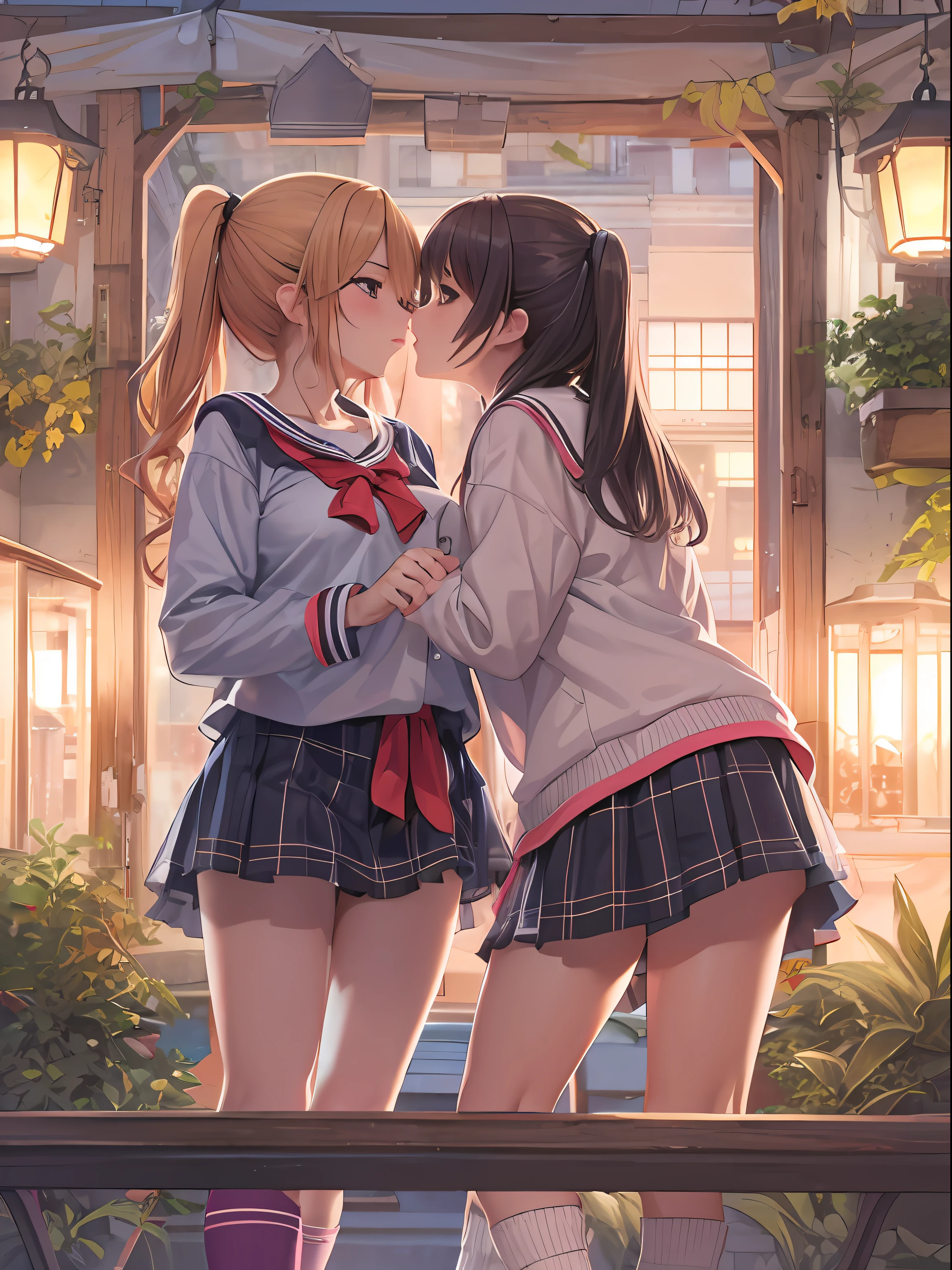 Anime girl kissing each other in front of a building - SeaArt AI