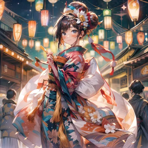8K、Illustration of the night festival drawn in ultra-high definition detail。The subject is１Young woman in beautiful kimono of man。Hair should be long and hung on one side、It has a small ornament like bun hair.。She stands in a graceful pose、In the hand hold...