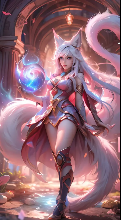 ahri，league of legend，Vastaya，kyuubi，Fox ears white hair girl，Nine tails tail exposed，full bodyesbian，Magic energy ball in hand，Exude power，Long flowing and fluffy hair，aura of power，eBlue eyes，(Combat posture，Battle background)，8K，Complicated details