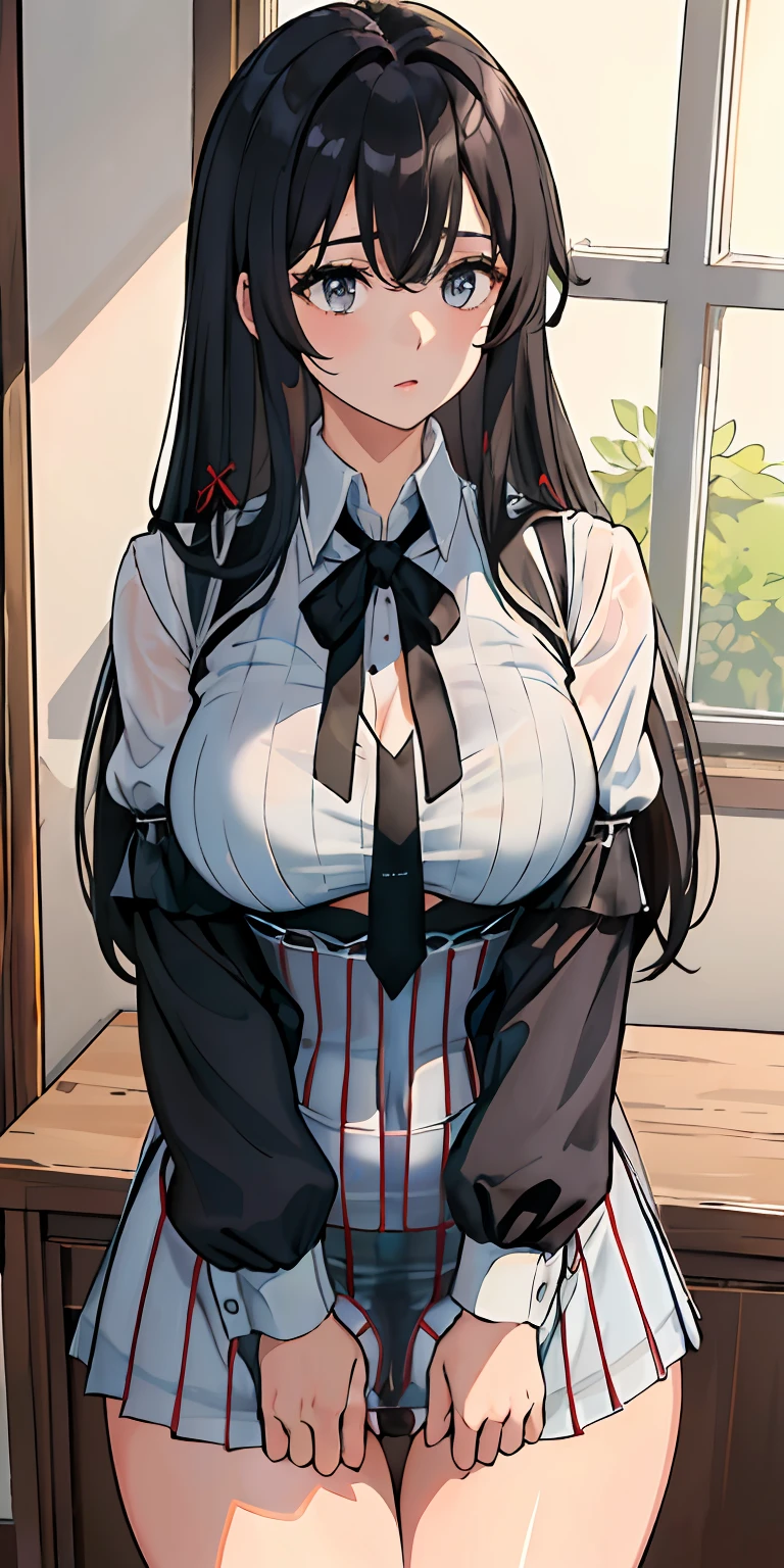 (((top-quality、​masterpiece)))、1girl in、A stunning、A dark-haired、barechested、(((confusion)))、School Uniforms、(((Sheer clothes)))、perspiring、(((Colossal tits)))、large full breasts、Sheer areol、neck tie、(((Spread your crotch)))