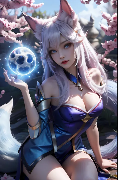 ahri，league of legend，Vastaya，kyuubi，Fox ears white hair girl，Raised sexy，Charming，Enchanted，Gentle eyes，Nine tails exposed，Energy balls in your hands，Exude power，Flowing and fluffy hair，aura of power，eBlue eyes，(Kneel on one leg，Ready to get started，Comba...