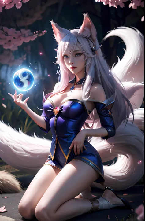 ahri，league of legend，Vastaya，kyuubi，Fox ears white hair girl，Raised sexy，Charming，Enchanted，Gentle eyes，The Nine Tails are exposed，Energy balls in your hands，Exude power，Flowing and fluffy black hair，aura of power，eBlue eyes，(Kneel on one leg，Ready to get...