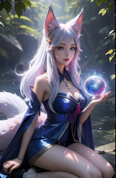 ahri，league of legend，Vastaya，kyuubi，Fox ears white hair girl，Raised sexy，Charming，Enchanted，Gentle eyes，The Nine Tails are exposed，Energy balls in your hands，Exude power，Flowing and fluffy hair，aura of power，eBlue eyes，(floating in air，Kneel on one leg，Re...