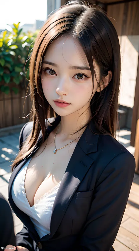 (masterpiece, best quality:1.2), 8k, 85mm, official art, raw photo, absurdres, violaceaess, rosaceaess, gardeniass, beautiful girl, pretty face, close up, upper body, cinch waist, black tailored suit, suit jaket, V-neck shirt, looking at viewer, (cleavage:...