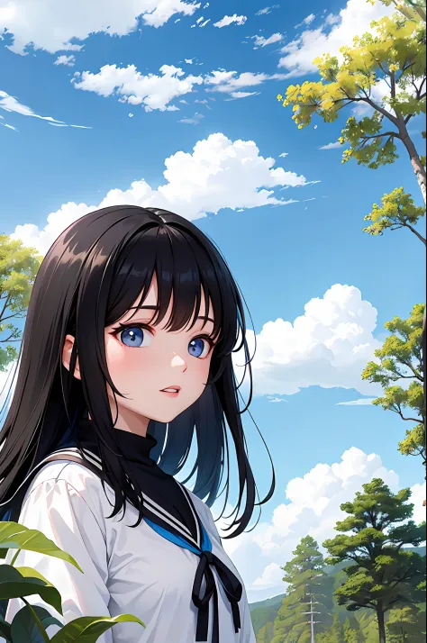 Under the blue sky and white clouds，at a forest，There is a girl with black hair