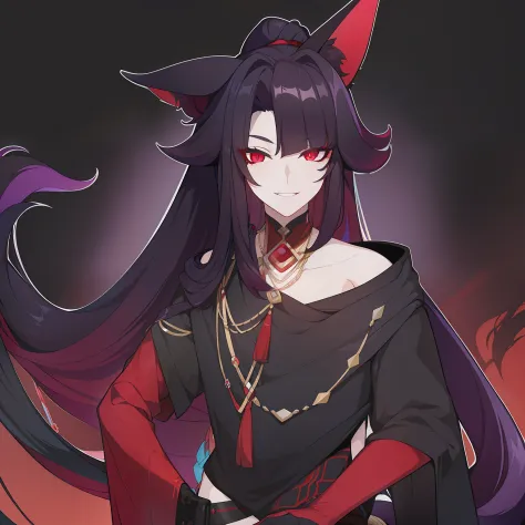 young guy, pretty facial features, long dark purple hair, half gathered in messy ponytail, half loose, dangerous bright red eyes...