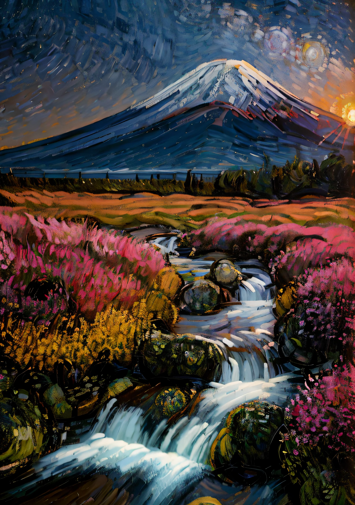 Van Gogh style，Van Gogh style，van gogh art style，inspired by Vincent Lefevre，Vincent Van Gogh style，at starrynight，van gogh painting，4k highly detailed digital art，in the style of van gogh，Inspired by Van Gogh，Vincent van Gogh!!!,star night，Detailed painting 4 K，Mt fuji，the setting sun