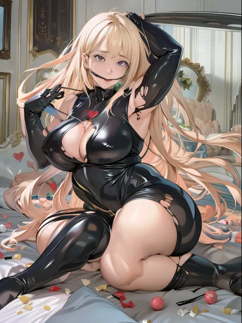 One girl,full bodyesbian, torn cloth, Open legs, hand behind head, Underarms, , Tears, Humiliated, 浴室,Long hair,Heart-shaped pupils, black latex bodysuit, Torn clothes, ripped apart, ball gagged, upper legs,Pathetic,exhibitionism，blond hairbl