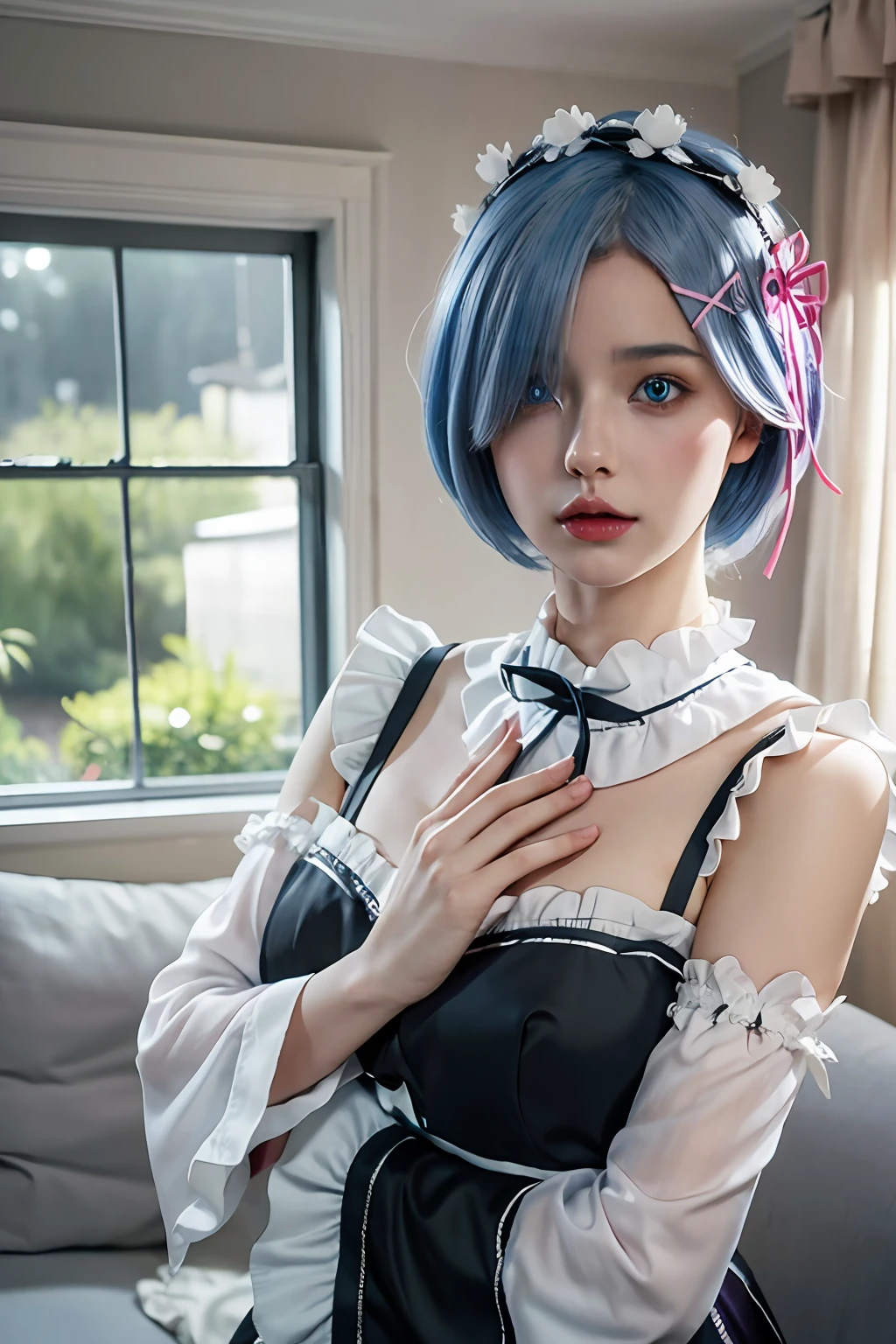 R_E_M, 1girl,(beautiful face:1.25) short blue hair, blue eyes, hair over one eye, hair ornament, pink hair ribbon, rem's maid uniform, detached sleeves, (realistic:1.7),((best quality)),absurdres,(ultra high res),(photorealistic:1.6),photorealistic,octane render,(hyperrealistic:1.2), (photorealistic face:1.2), (8k), (4k), (Masterpiece),(realistic skin texture), (illustration, cinematic lighting,wallpaper),( beautiful eyes:1.2),((((perfect face)))),(cute),(standing),((looking at viewer)),(dynamic pose:1.3), upper body, standing,indoors, living room, sofa, tables, window
