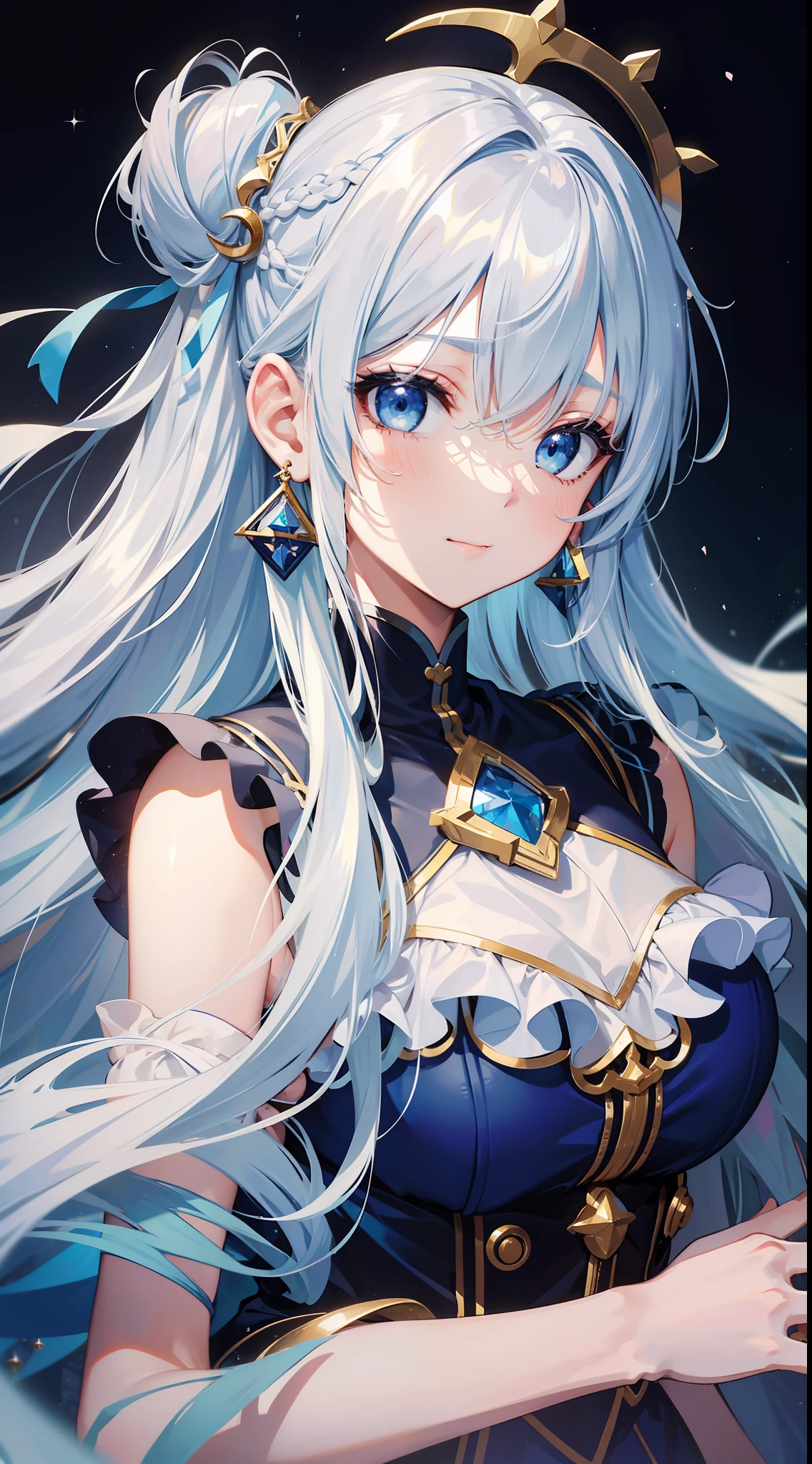 ​masterpiece, top-quality, lightsmile, White hair, Blue hair, Light blue hair, Silver hair, Floating hair, Large breasts,expressive hair, hair over shoulder, topknot, crescent-shaped hair ornament, Tsurime, Crescent Earrings, Tachi-e, Anime style, Hyper-Realism, Carl Larsson, Anime, Gothic art, romanticism, 8K, Super Detail, ccurate, Best Quality, Super Detail, masutepiece, full body Esbian