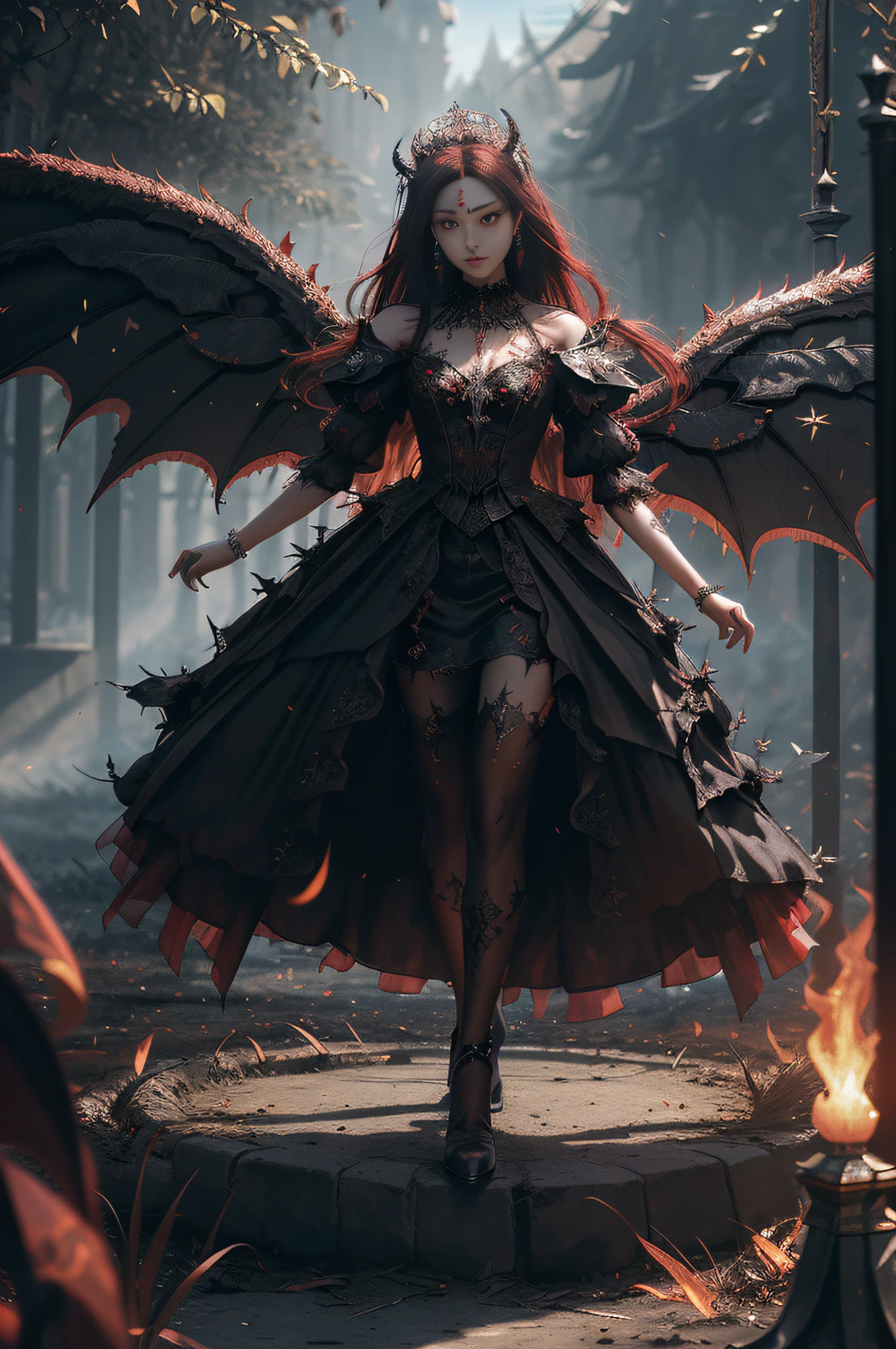 (extremely detailed CG unity 8k wallpaper,masterpiece, best quality, ultra-detailed, beautiful detailed eyes:1.2),best illumination, (best shadow, an extremely delicate and beautiful, bloom),1gril,solo,red eyes,Heavy armor,long hair,holding a giant sword encrusted with huge gems,Angel wings,black wings,jewelry,(big wings:1.4),Film filter,((Satan)), Hellfire,(full body),((demon)),flame,The sword is in the ground,dark religion,((hell background,Burning ground),Bare leg,Gothgal,ballgown