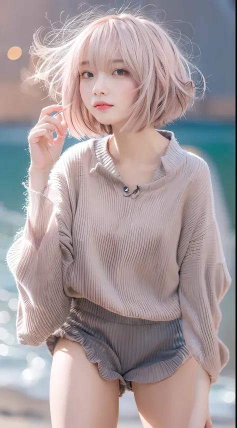 (masterpiece, best quality, beautiful girl, pretty face:1.5), (greyish pink short hair:1.5), (upper body, bangs:1.2), small wais...