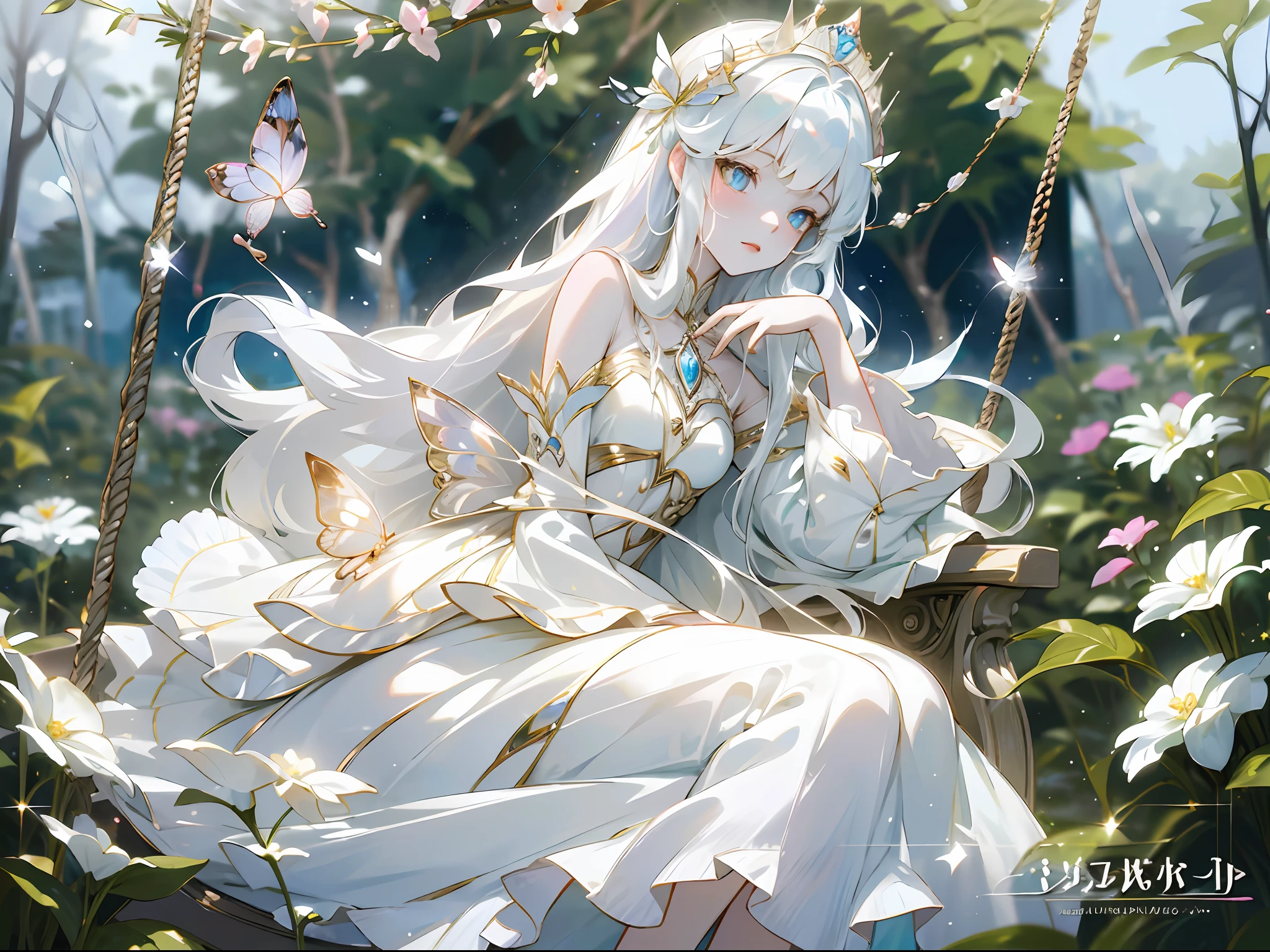 1 woman with a crown，Sitting on a swing in the garden，Beautiful and elegant butterfly queen, Guviz, Fantasy art style, 8K high quality detailed art, Butterfly Lord, Beautiful and seductive butterfly princess，digital fantasy art , ellegance, (long  white hair，White-colored skin，The skin is translucent white，sparkle in eyes，Wearing a beautiful dress，Scalloped sleeves，beautiful  face，Lonely pale face），fresh flowers，Particle，Glow，Guviz-style artwork, WLOP Art,