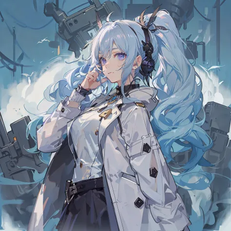 Girl with blue and white hair，Wearing a thick white coat，Large lapels，Purple eyes，Industrial-style clothing，From the maiden fron...