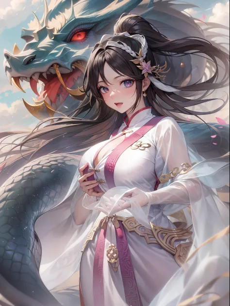 In the captivating image、Elegant woman in white cheongsam、Glide through the skies over a mythical Chinese dragon。When They Cross...