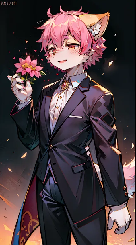（1boys：1.3），neko boy，（shaggy：1.5），Holding a flower in his hand，Squint，Pink hair，bodyfur，hyper cute face，Beautiful light and shad...