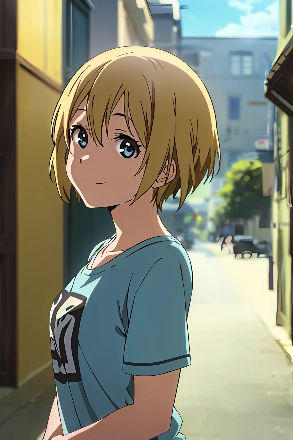 (highres, best quality:1.2), 1girl, radiance, soft contours, beautiful drawing, upper body, concept art, eyelashes, kyoani hyouka style, detailed background, bright colors,
erica hartmann, (blonde hair), light smile, t-shirt, stylish fashion clothes,
close-up, looking at viewer,
Outdoors, sunny day, blue sky