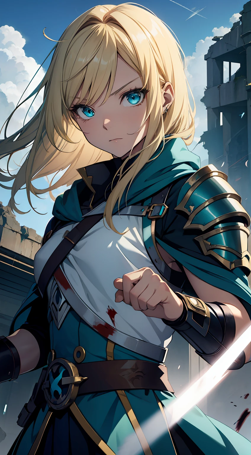 fille animée, blond, yeux turquoise, manteau, éclairage épique, armure, futuriste, Lutte, bracelets en métal, brassards, Blessé, sang, muscles, placage métallique, sérieux, pose dynamique, médical, fond de ruines, guerre, la magie bracelets, la magie, Brille, cheveux longs, détails