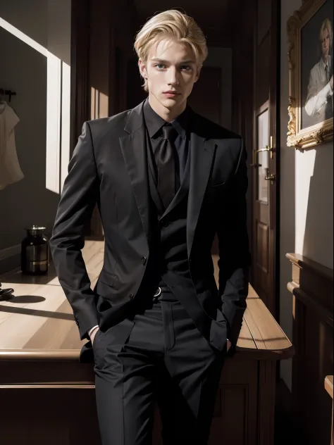 1 man，blondboy，Real portraits，a picture，Handsome，In black suit，Light，status