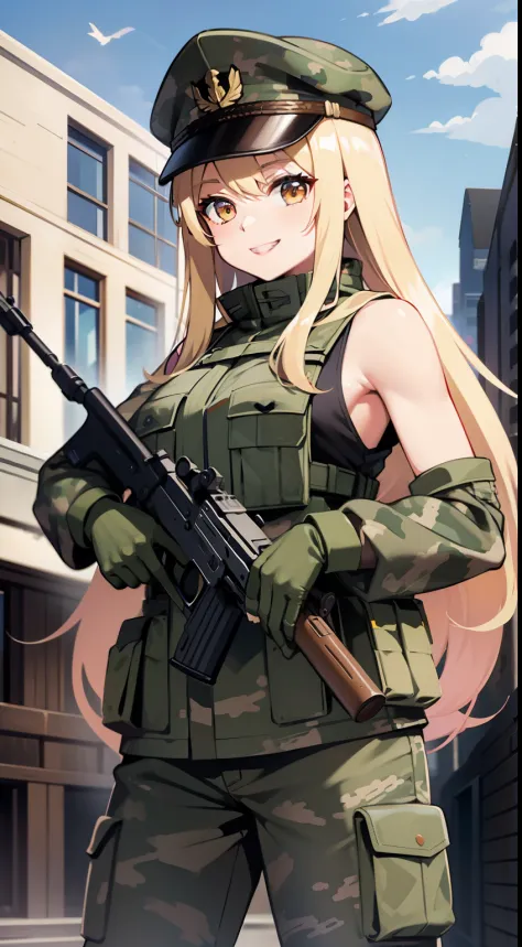 young girl, long blonde hair, Brown eyes, camo clothes, soldier, Sleeveless, ssmile, submachine gun, Masterpiece, hiquality