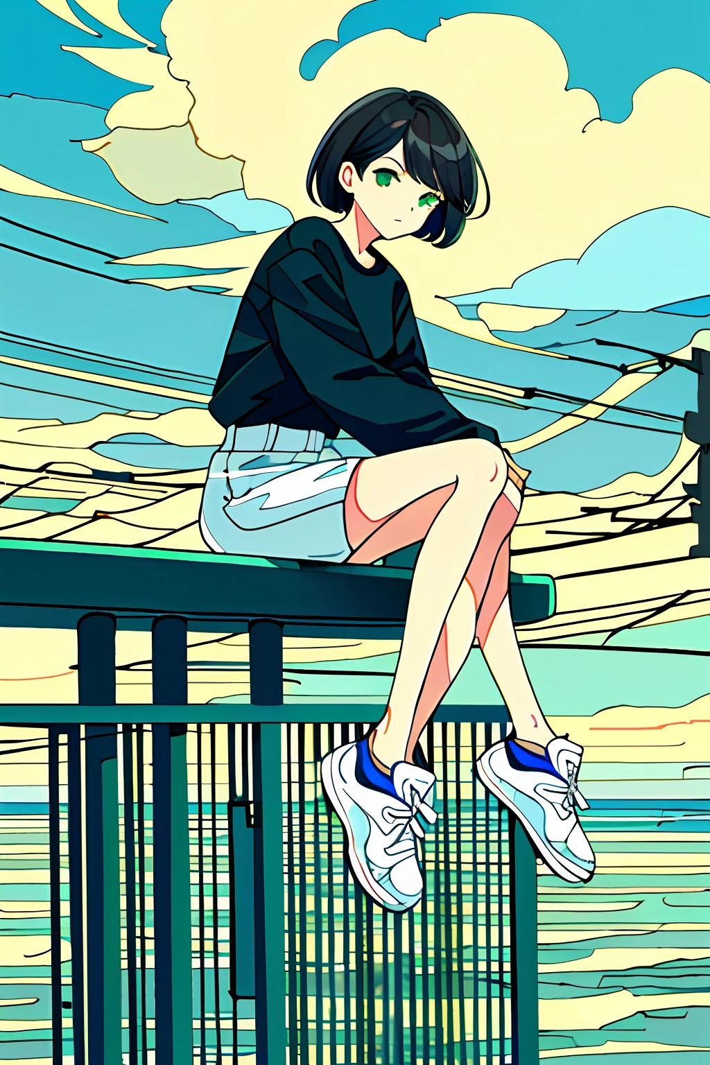 masterpiece, intricate detail,best quality, 1girl, solo, railing, cloud, sitting, outdoors, whale, short hair, shoes, sky, long sleeves, sneakers, power lines, white footwear, black hair, looking at viewer, utility pole, bangs, cloudy sky, fish, bird, green eyes, shorts, animal, day, black shirt, bare legs