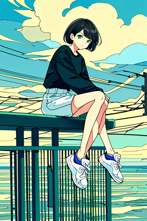masterpiece, intricate detail,best quality, 1girl, solo, railing, cloud, sitting, outdoors, whale, short hair, shoes, sky, long ...