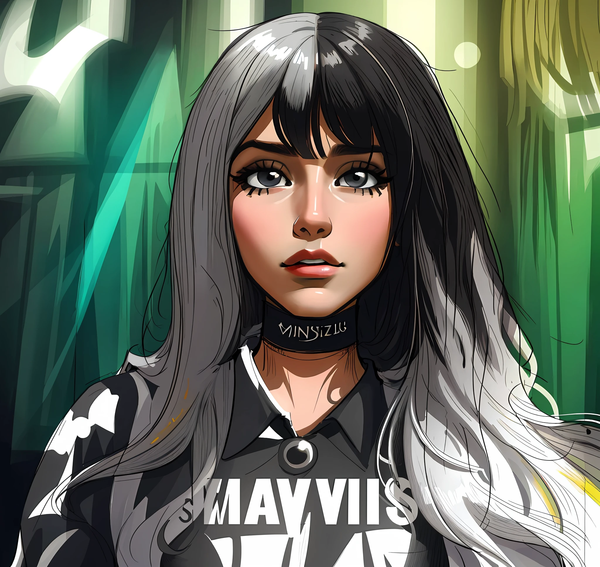 there is a woman with long hair and a black and white shirt, cabelo preto e franja branca, Realismo Artstyle, em estilo de pintura digital, Estilo de arte realista, Estilo de pintura digital, Estilo de arte fotorrealista, Ciborgue - Menina com cabelo prateado, menina do cabelo prateado, Cabelos pretos e brancos, Arte Digital 4K Realista, Arte Digital 4K Realista, in illustration style digital