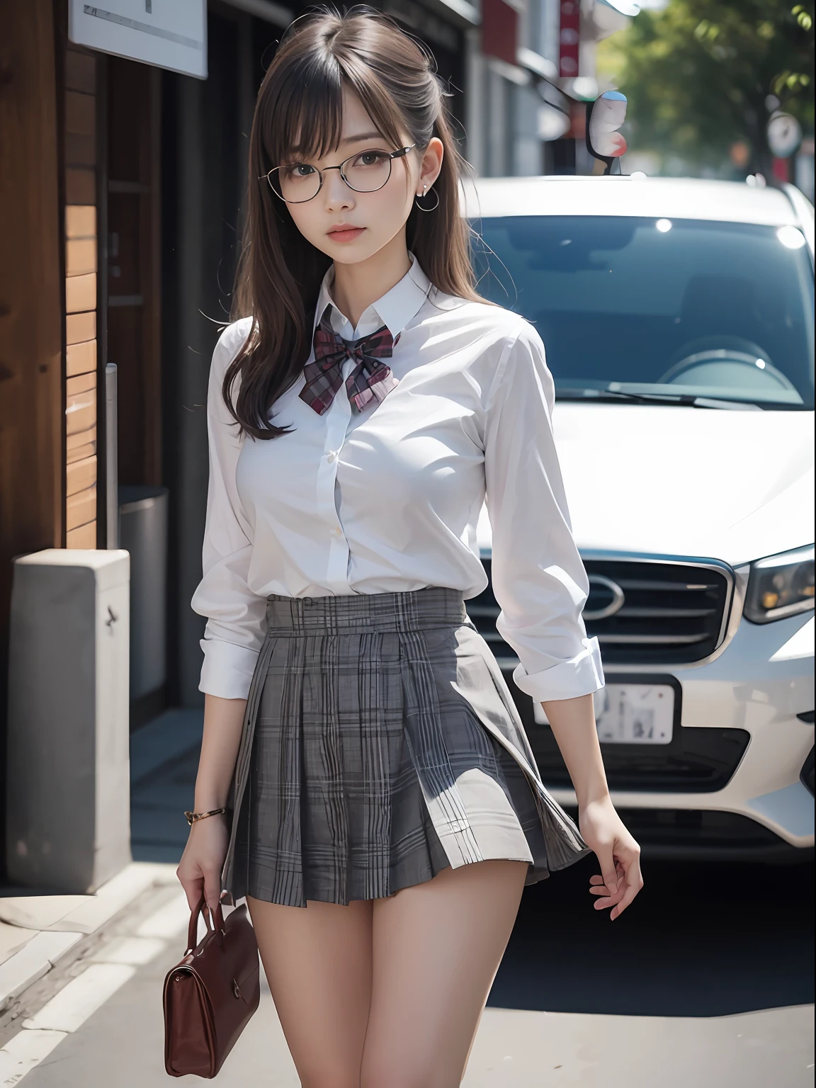 Arafed asian woman in a skirt and bow tie walking down the street - SeaArt  AI