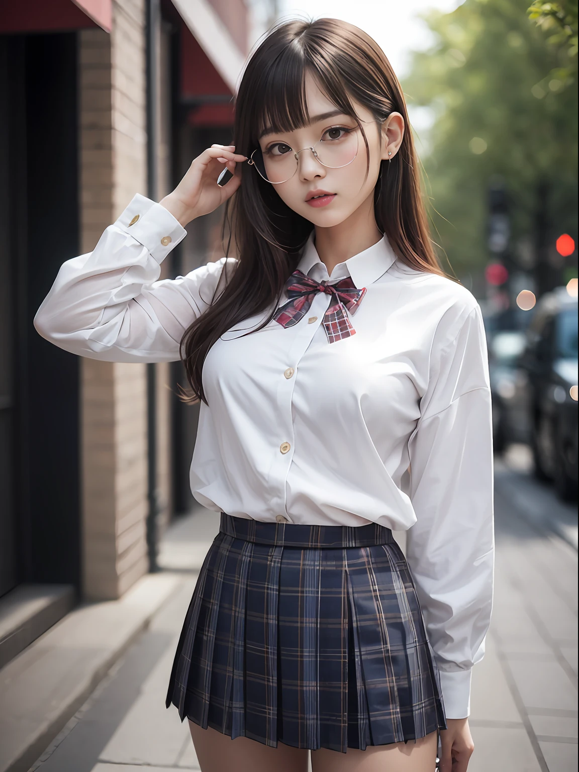 （8K、Raw photography、top-quality、​masterpiece：1.2),absurderes,a small face,small tits,flat breast,Parting the bangs from the middle、Forehead visible,(Tight eyes,Bullish,skinny,Rasping,irate)、​masterpiece,top-quality、超A high resolution,Raw photo,ren,Beautiful fece,One Person, 独奏,eye glass,,Dark look,Small breasts,fullllbody,Round glasses、cute little、A Japanese Lady,is standing,(Tight eyes,Bullish,skinny,Rasping,irate,small tits,flat breast)、（Photorealsitic：1.37）、Photon mapping,Light blue ribbon,Realistic、Cute little face,Brown-eyed、Black socks、(Red bow tie)、Radio City、Physically Based Rendering、Foreground、depth of fields、Blurry background、a picture,The girls、Body, Long legs, Thin leg,Semi-long,(Bangs are visible), hair, s lips, Blue_The eye, nosesoft,White shirt, Navy blue and white plaid pleated skirt, Knees are visible,Sheer clothing,, Thigh, Black cotton socks,Nogizaka Idol, 女優, Japanese ido