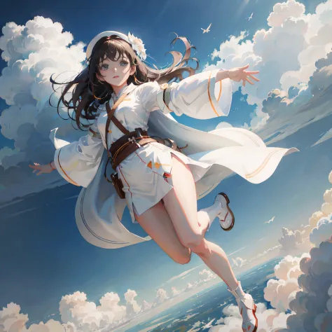 anime girl in white clothes flying in the air with clouds, 2. 5 d cgi anime fantasy artwork, artgerm and atey ghailan, guviz-sty...