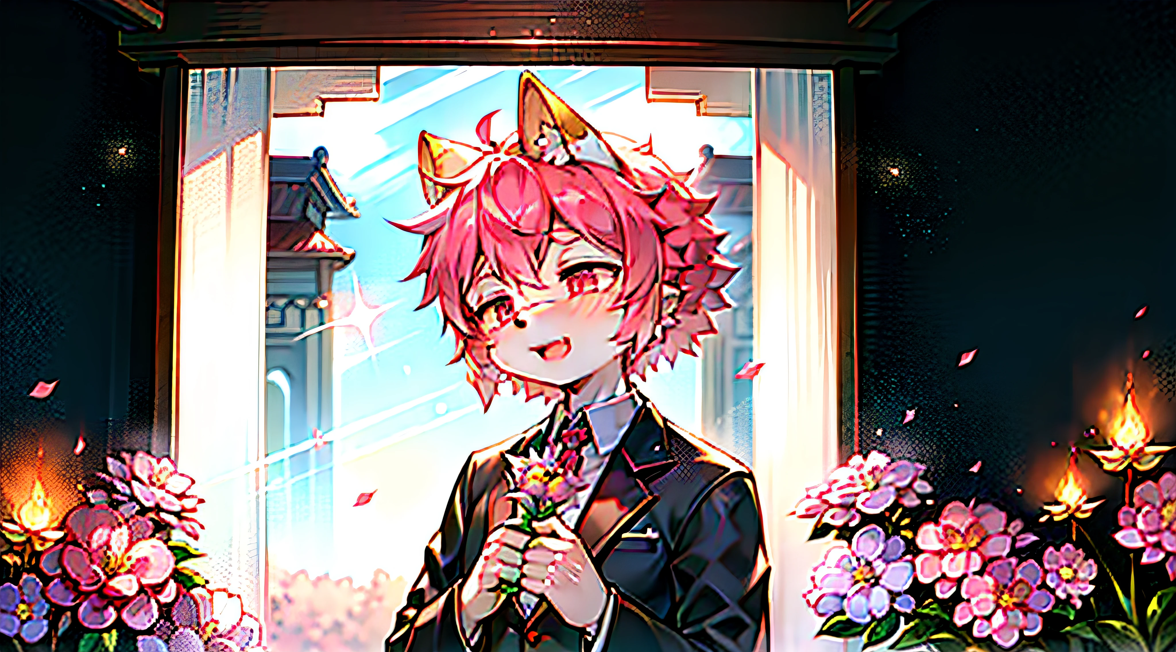 （1boys：1.3），neko boy，（shaggy：1.5），Holding a flower in one hand，The other hand bleeds，Squint，Pink hair，bodyfur，hyper cute face，Beautiful light and shadow，ambient lights，Ultra-detailed fur，full bodyesbian， lighting perfect， light particules， （tmasterpiece）， （ultra - detailed）， Sharp focus， light particules， niji， Blushlush， The color hair， short detailed hair， Sharp finger claws， 独奏， ssmile， 独奏， hairy pubic， Animal ear villi， Open your clothes， coda， with her mouth open， depth of fields， （best qualtiy） JW3，（Chinese art），Business suit，The background is the burning estate，