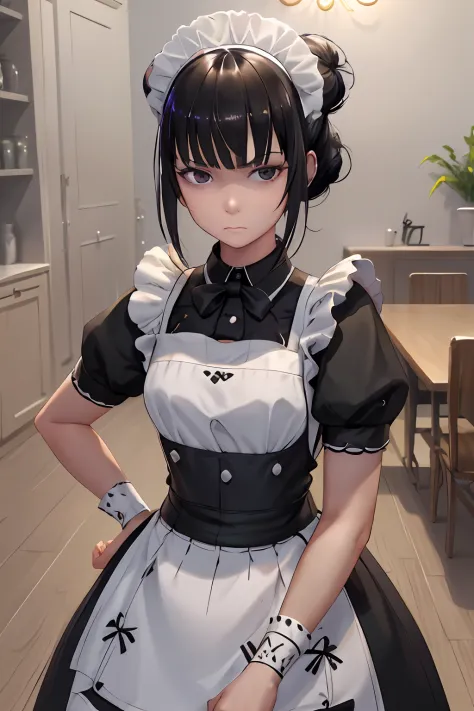 1girl, maid, solo, black hair, hands on hips, apron, maid headdress, single hair bun, black eyes, hair bun, looking at viewer, m...