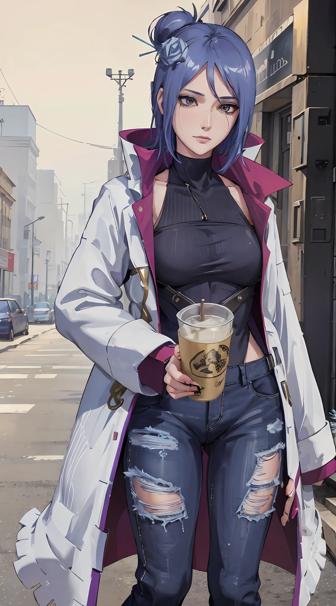 Blue-purple hair，blue sweater，Ripped denim trousers，Black Martin boots，Around the bib，Hold milk tea in your hand，The background is the Eiffel Tower in winter，looks into camera，perfect bodies，the golden ratio，Whole body diagram，high detal，high qulity，Snowflakes are falling in the sky