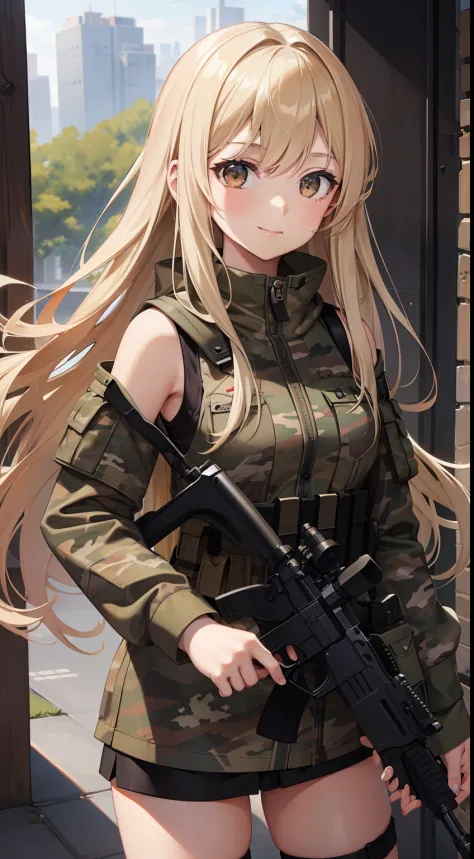 young girl, longue blonde hair, Brown eyes, camo clothes, soldier, Sleeveless, ssmile, submachine gun, Masterpiece, hiquality