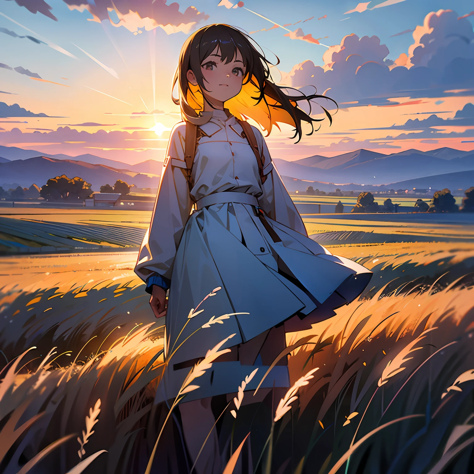 girl standing in field, closeup, portrait, clouds, sunrise