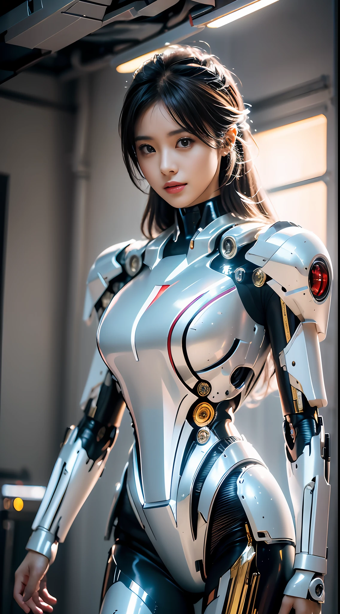Beautiful woman wearing white mecha mecha light dazzling，(Best quality, Detailed details, Masterpiece, , 4K, Chiaroscuro，The photos are super realistic and realistic, Highly detailed Canon videography )