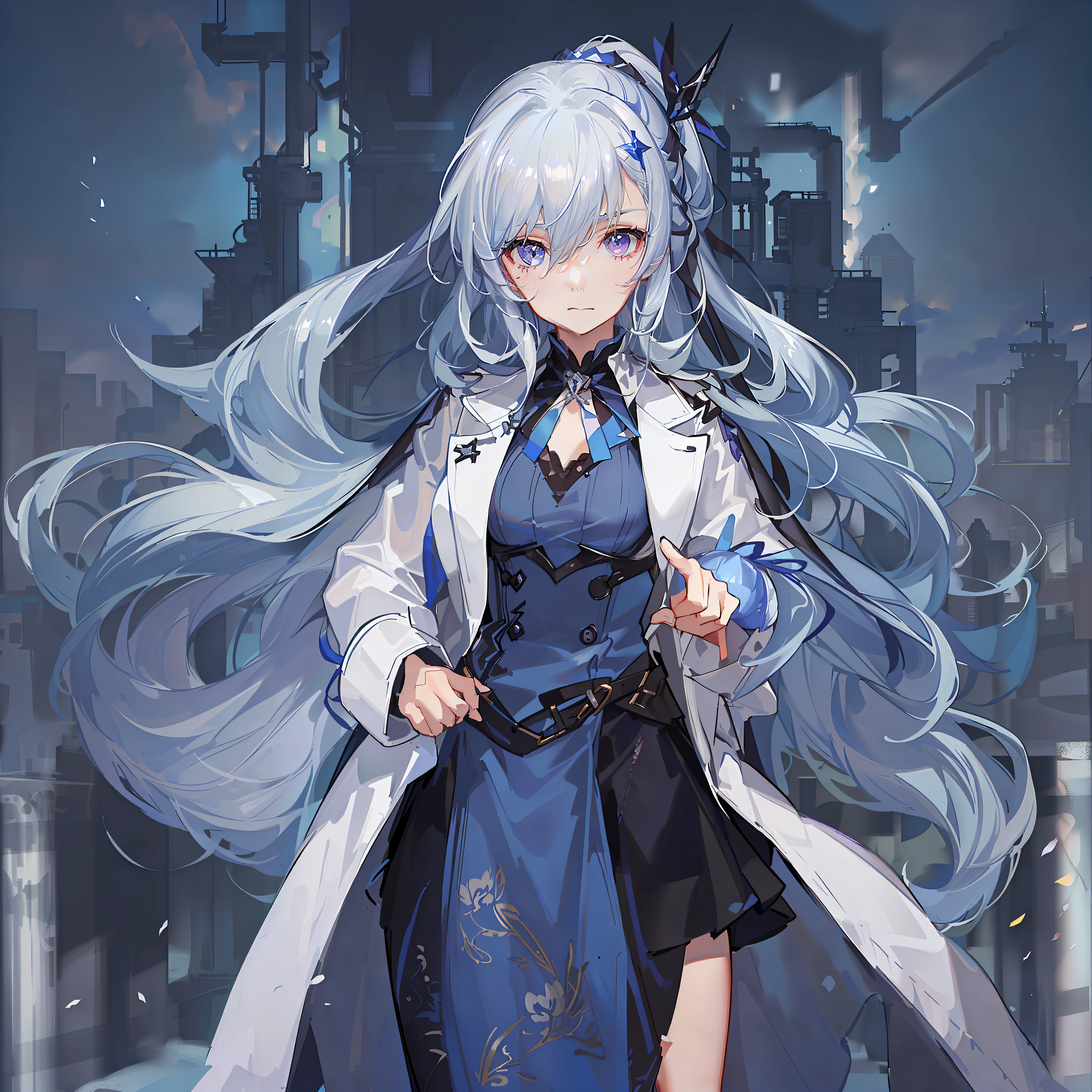 Girl with blue and white hair，Wearing a thick white coat，Large lapels，Black underwear，Purple eyes，Industrial-style clothing，From the maiden front，From the Ark of Tomorrow，Blue strap decoration，Bust，Half-buttoned coat，Tung with high ponytail hair，Small，solo person，White half-buttoned coat，Mature girl