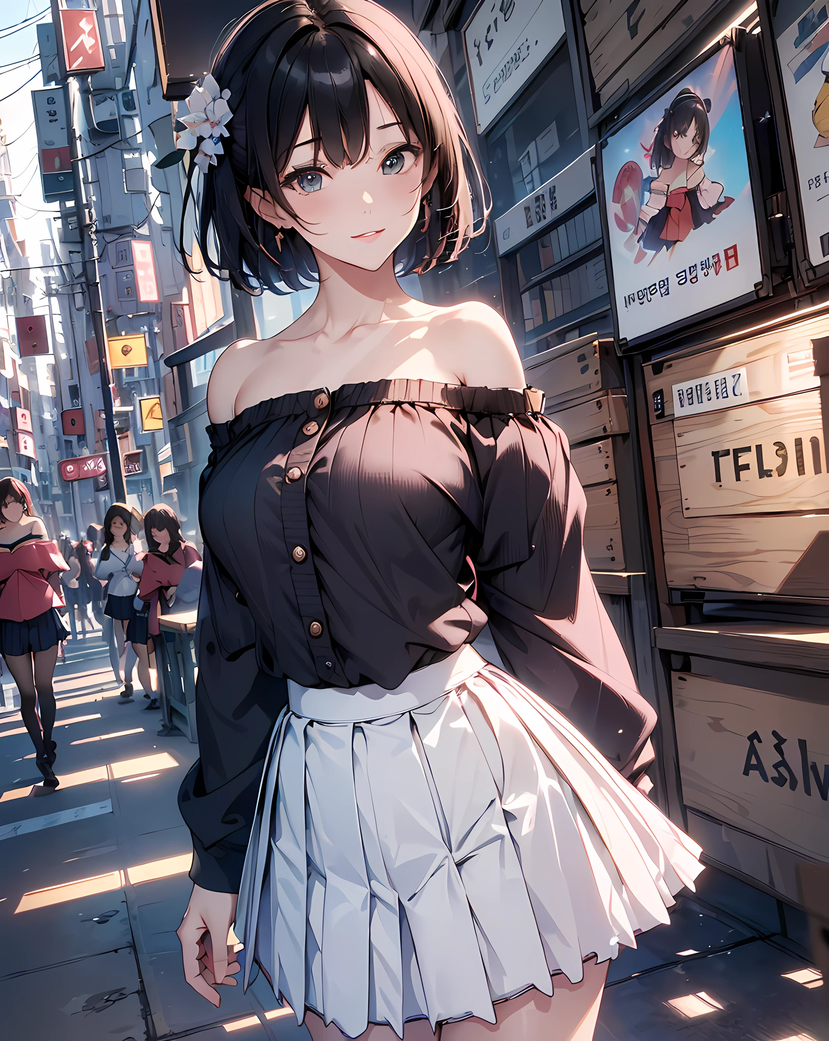 (masterpiece, best quality:1.37), highres, ultra-detailed, ultra-sharp, BREAK, Korean school idol, (((1girl:1.37, solo))), (beautiful anime face, cute face, detailed face), (black hair, thin hair, short hair, bangs, hime-cut), detailed beautiful cyan eyes, BREAK, ((detailed off-shoulder nylon tops:1.5), (detailed box-pleats short-skirt:1.5)), BREAk, lovely look, water melon earing, detailed clothes), light smile, closed mouth, parted lips, pink lipstick, BREAK, ((standing, leaning forward, arms behind back,:1.3, cowboy shot)), detailed human hands, HDTV:1.2, ((detailed station view background:1.3)), 8 life size, slender, anime style, anime style school girl, perfect anatomy, perfect proportion, inspiration from Kyoto animation and A-1 picture, late evening, excellent lighting, bright colors, clean lines, photorealistic