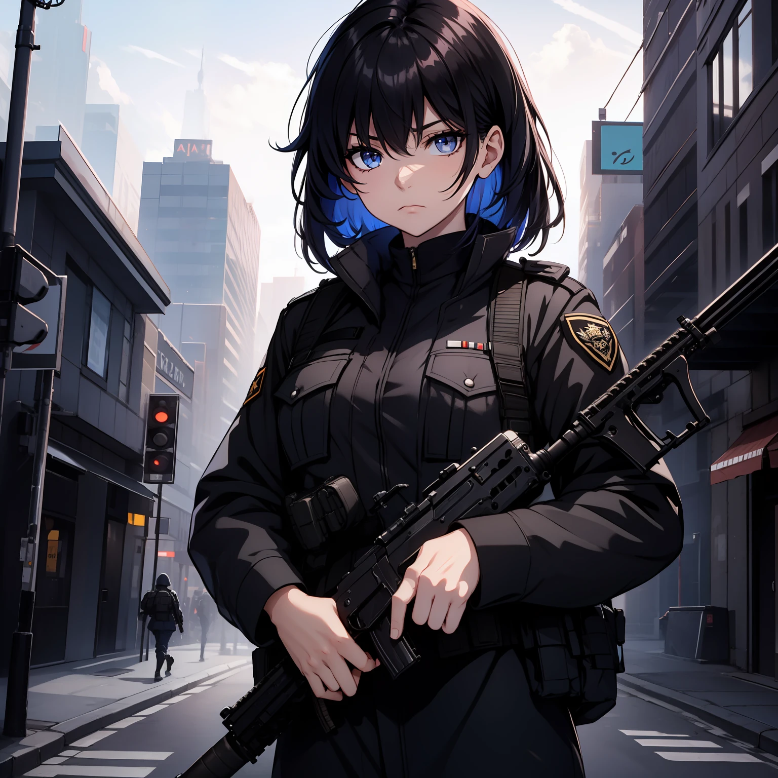 Black military uniform, Emotionless face, black hair, black eyes, detailed eyes, best quality, HD, beautiful eyes, , ak-74, holding gun, holding AK47, akm, Kalashnikov rifle, city background, night, Tacticool, woman vest

military,