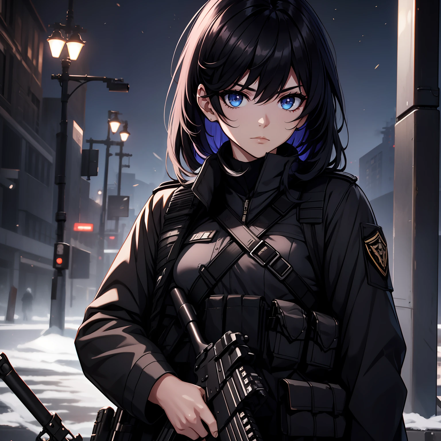 uniforme militaire noir, visage sans émotion, cheveux noirs, Yeux noirs, yeux détaillés, Meilleure qualité, HD, Beaux yeux, , et-74, tenant un pistolet, tenant AK47, actuel, fusil kalachnikov, Fond de champ de bataille, nuit, tactique, femme gilet militaire,