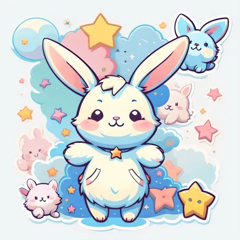 1 sticker, sticker, (cute, bunny), stars, white background, no background, simple background, minimal, cute, tiny, pastel color, vector style, no gradient,
