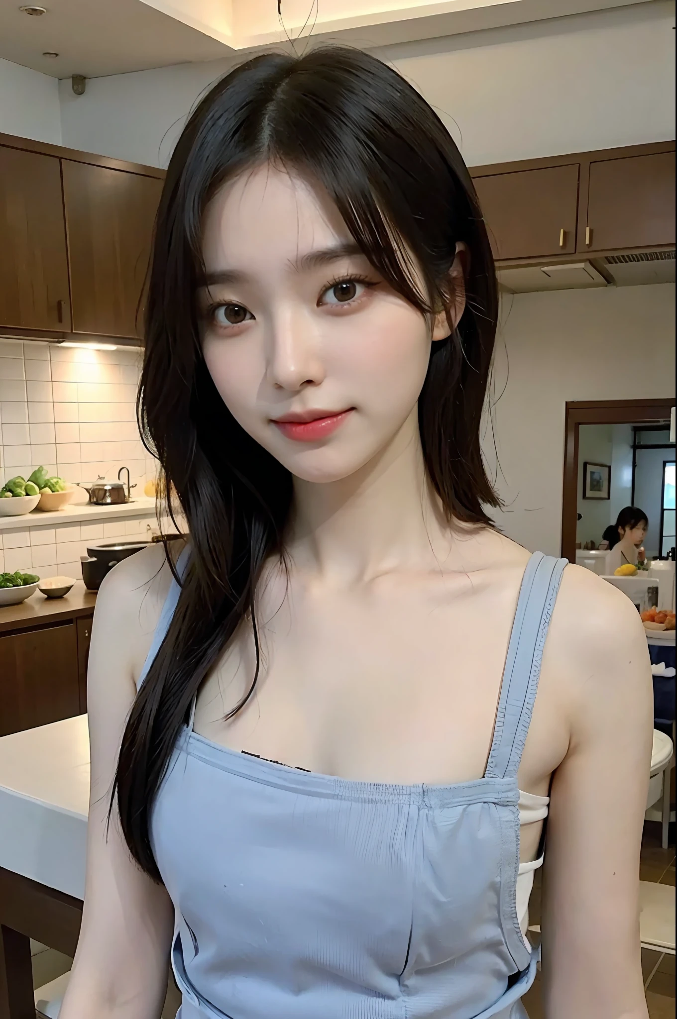 a woman is cooking、(kitchin_Apron:1.Wear 3)、Good Hand、4K、hight resolution、​masterpiece、top-quality、Cap:1.3、((Hasselblad photo))、Fine skin、sharp focus、(lighting like a movie)、Soft lighting、dynamic ungle、[:(Detailed face:1.2):0.2]、Medium chest、sweats streamed skin:1.2、(((In the kitchen))) A smile　Beautiful profile　Colossal tits　Beautiful body　Tying hair　Wide background々and a luxurious living room　Luxurious and luxurious living　Luxurious living room　Beautiful living room　Beautiful living room　A smile　an orange　lemons