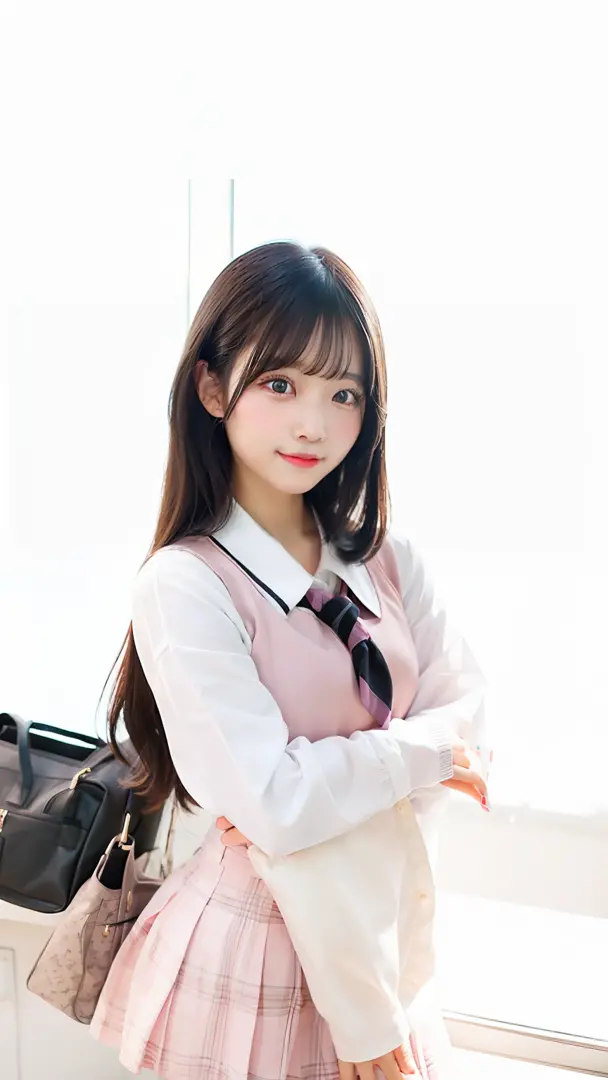 1girl, very beautiful face, black hair, pink school uniform, 70mm lens