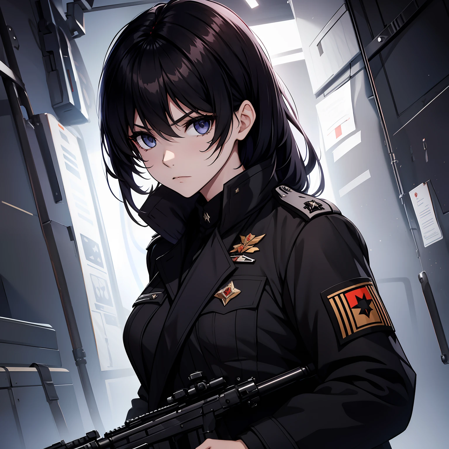 uniforme militaire noir, visage sans émotion, cheveux noirs, Yeux noirs, yeux détaillés, Meilleure qualité, HD, beaux yeux, , et-74, tenant un fusil, Contrat AK47, Combien, Fusil d&#39;assaut Kalachnikov, fond de champ de bataille, nuit, Takkol, Veste femme militaire,