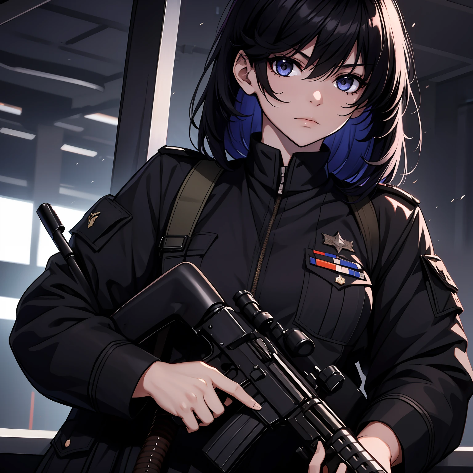 Black Military Uniform, emotionless face, Black hair, Black Eyes, detailled eyes, Best Quality, HD, beatiful eyes, , AK-74, holding rifle, AK47 Contract, How much, Kalashnikov assault rifle, Battlefield background, night, Takkol, Woman jacket

military,