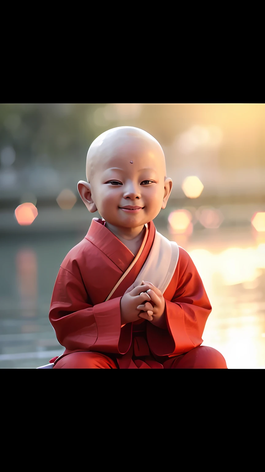 Close-up of a child in a red robe sitting on a rock, a serene smile, Innocent smile, With a happy expression, lite smile, Sweet smile, happy and spirited expression, monk clothes, Small smile, Buddhist, buddhist monk, with a beautiful smile, Happy kids, small wide smile, little shy smile, Buddhism, beautiful and smiling