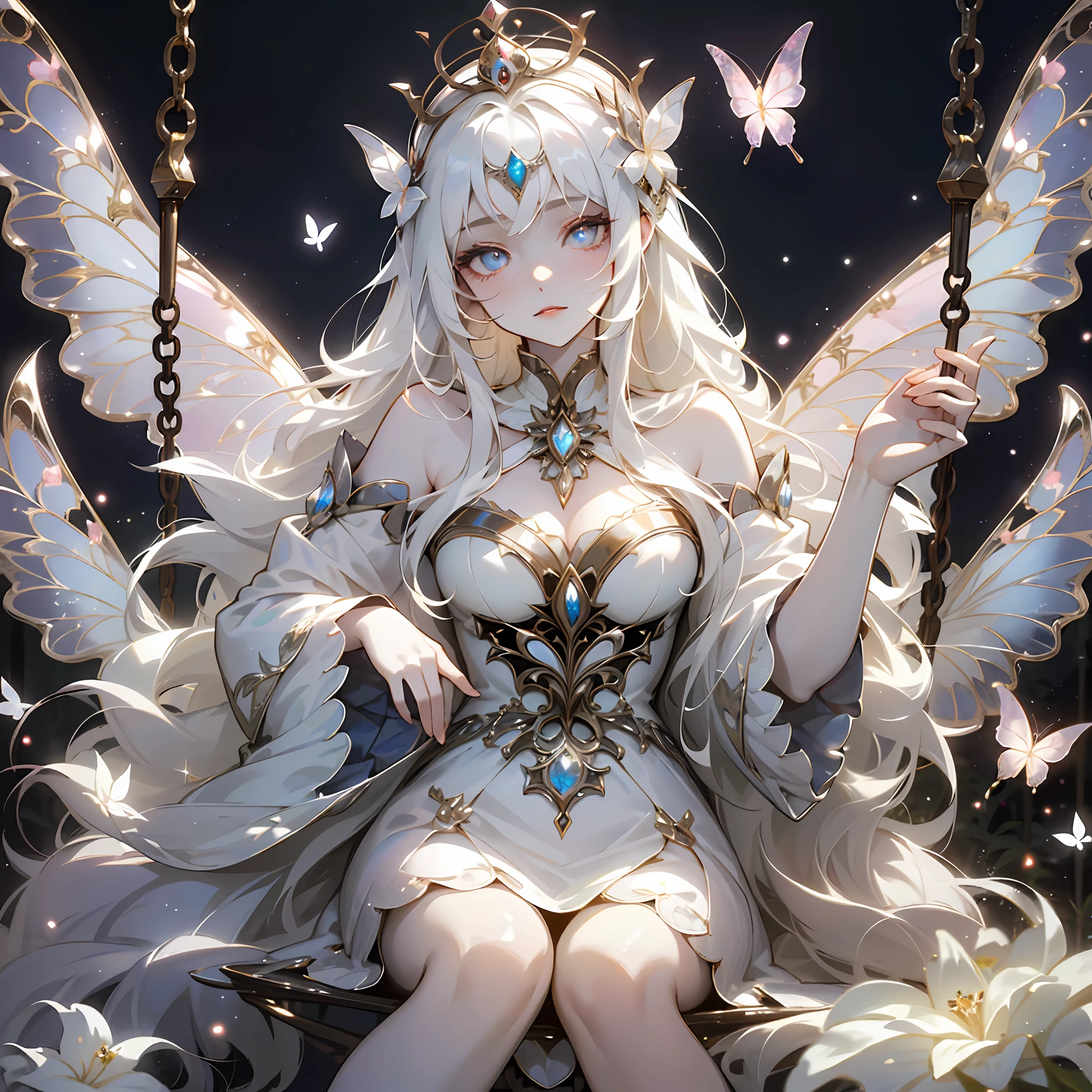 1 woman with a crown，the night，Sitting on a swing in the garden，Beautiful and elegant butterfly queen, Guviz, Fantasy art style, 8K high quality detailed art, Butterfly Lord, Beautiful and seductive butterfly princess，digital fantasy art , ellegance, (long  white hair，White-colored skin，The skin is translucent white，sparkle in eyes，Wearing a beautiful dress，Scalloped sleeves，beautiful  face，Lonely pale face），Glow-in-the-dark flowers，Particle，Glow，Guviz-style artwork, WLOP Art,