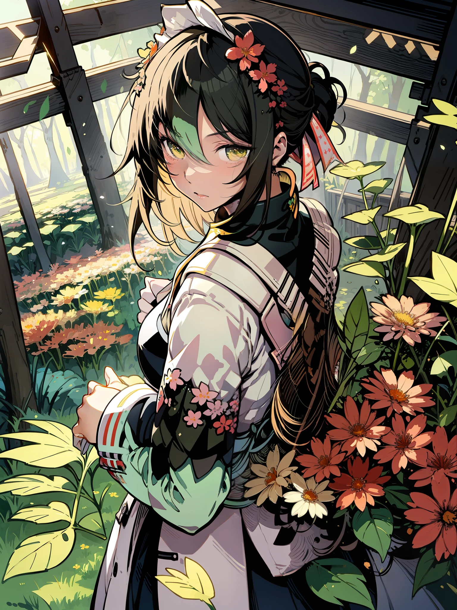 hay un cuadro de una niña en un jardín con flores, hermoso arte animework, Una hermosa ilustración artística., by Yoshihiko Wada, una criada en un bosque mágico, crecimiento excesivo. por Makoto Shinkai, guweiz en pixiv artstation, chica en flores, ella es el centro del jardín, hermoso arte anime, en un campo de flores