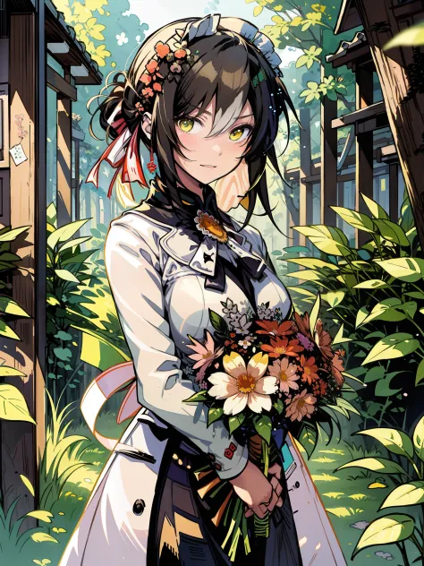 there is a painting of a girl in a garden with flowers, beautiful anime artwork, a beautiful artwork illustration, by Yoshihiko ...